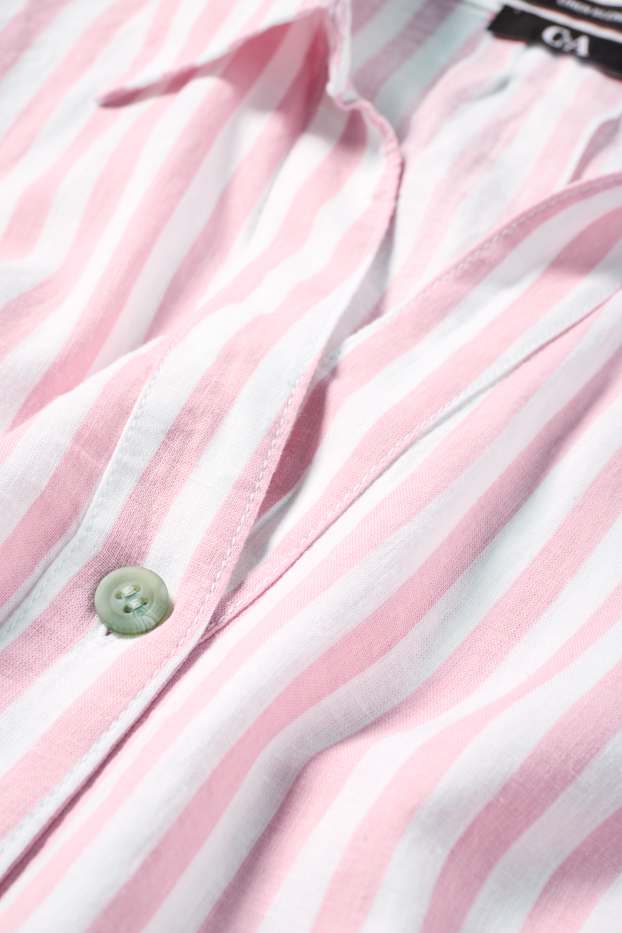 Women - V-neck blouse - linen blend - striped - white / rose