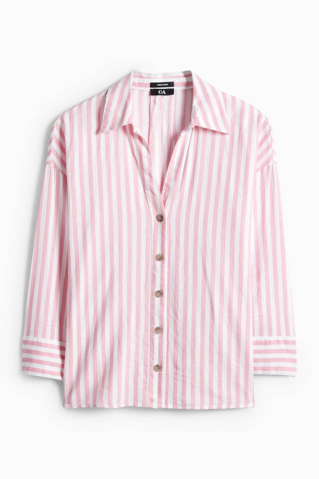 Women - V-neck blouse - linen blend - striped - white / rose