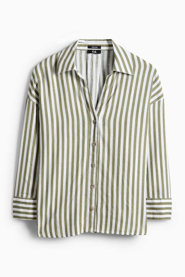 Women - V-neck blouse - linen blend - striped - white / green