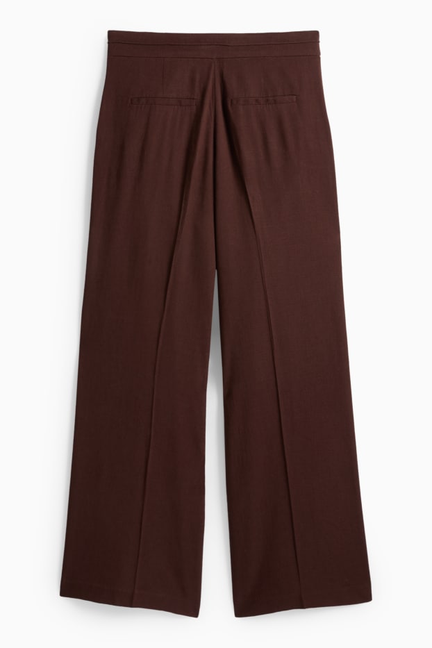 Women - Cloth trousers with linen content - mid-rise waist - loose fit - dark brown