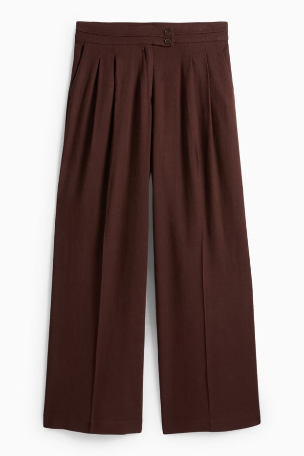 Women - Cloth trousers with linen content - mid-rise waist - loose fit - dark brown