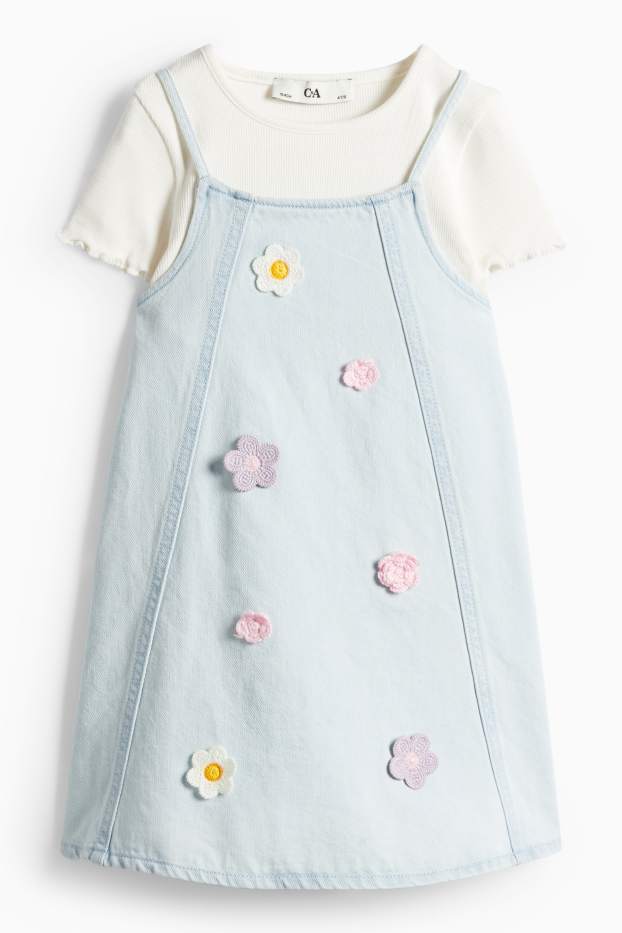 Copii - Fete - Floare - set - tricou cu mânecă scurtă și rochie din denim - 2 piese - albastru / alb