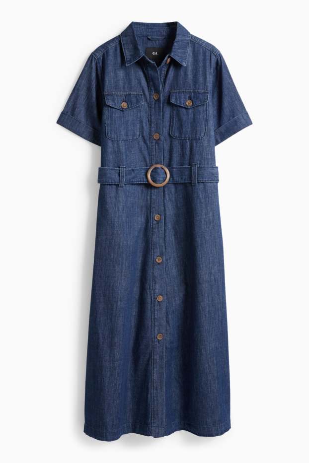 Femei - Rochie tip bluză din denim cu curea - albastru închis