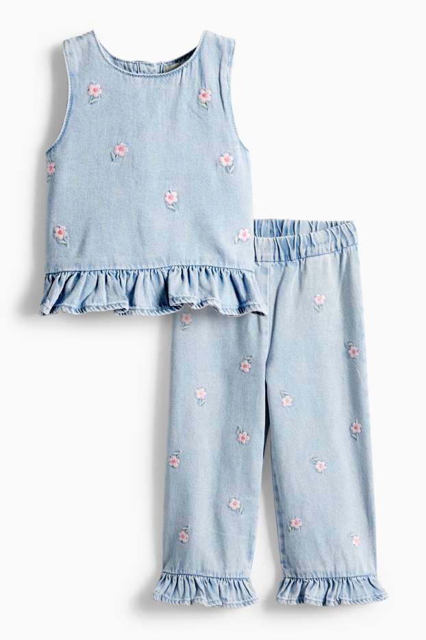 Copii - Fete - Floare - set - top din denim și jeans - 2 piese - albastru deschis
