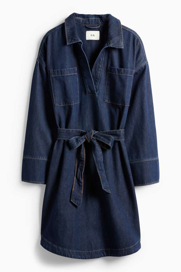 Femmes - Robe-tunique en jean à col V - bleu foncé