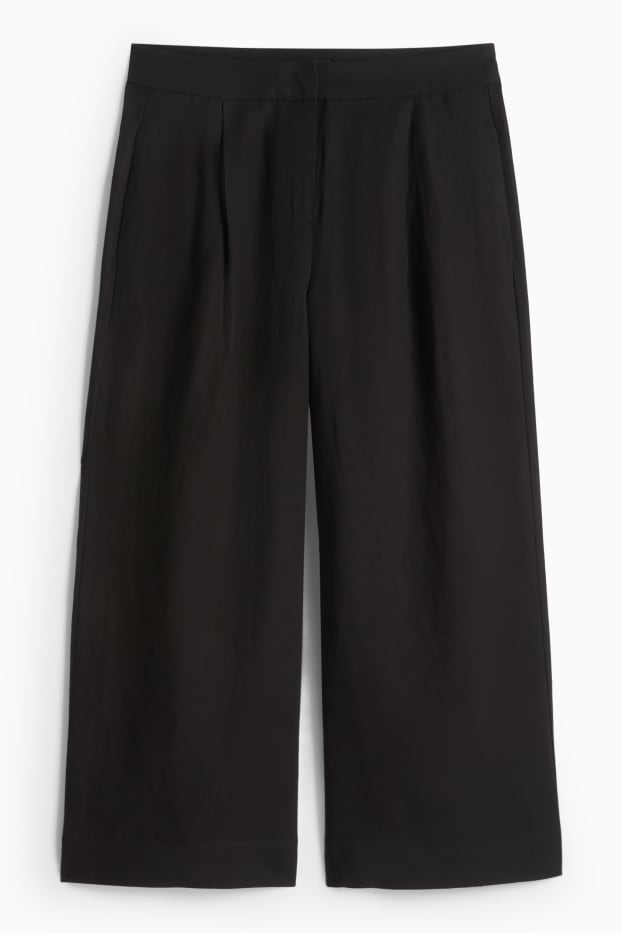 Femei - Pantaloni office cu conținut de in - talie înaltă - wide leg - negru