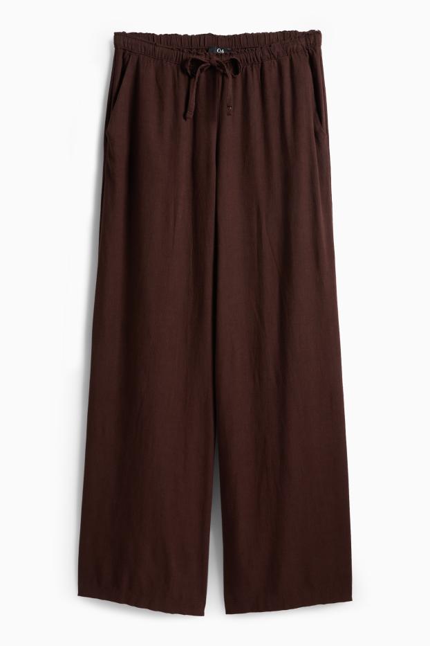 Damen - Stoffhose mit Leinen-Anteil - High Waist - Wide Leg - dunkelbraun