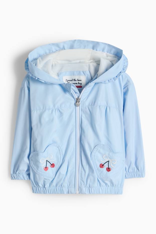 Baby Mädchen - Kirsche und Schleife - Baby-Jacke mit Kapuze - hellblau