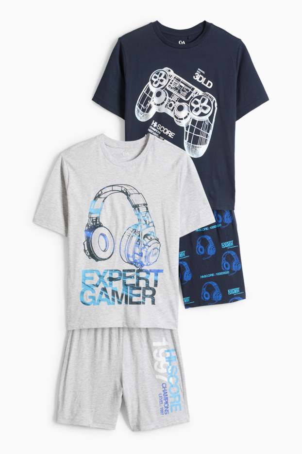 Děti - chlapci - Multipack 2 ks - gaming - letní pyžamo - 4 díly - světle šedá / tmavomodrá