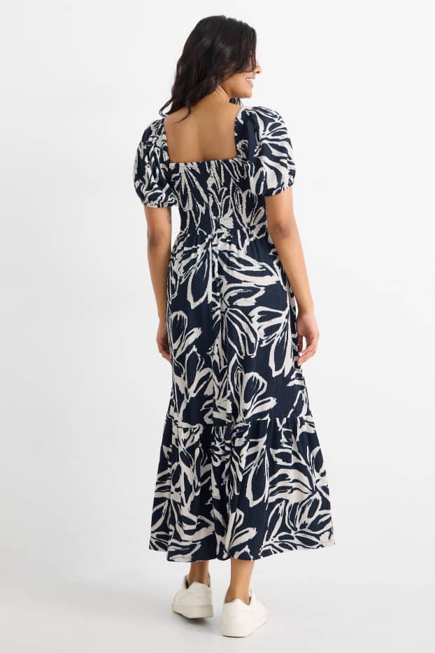 Damen - Fit & Flare Kleid - geblümt - strukturiert - gesmokt - dunkelblau / cremeweiß