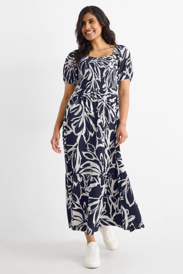 Damen - Fit & Flare Kleid - geblümt - strukturiert - gesmokt - dunkelblau / cremeweiß