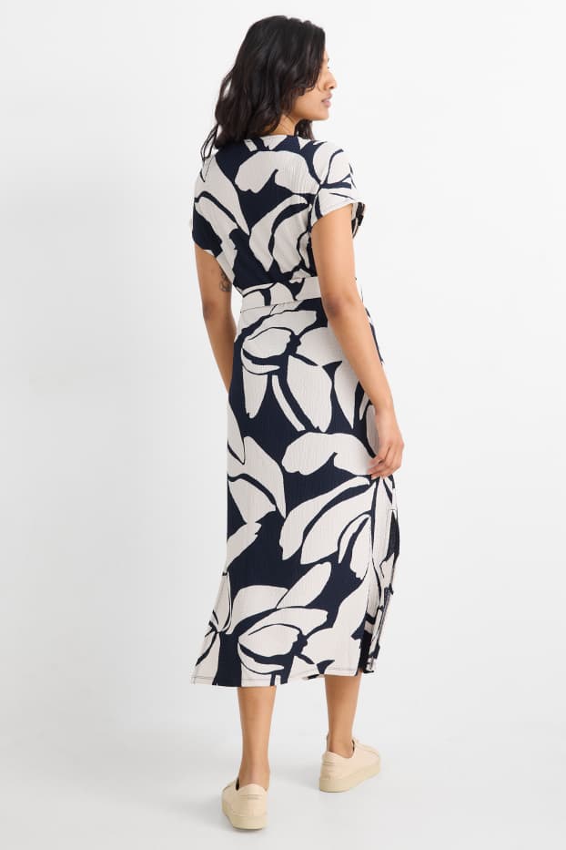 Femmes - Robe à ceinture - à fleurs - texturée - bleu  / beige