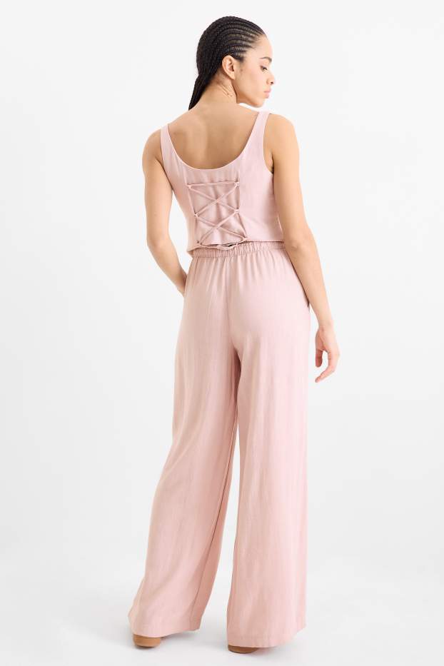 Women - Cloth trousers with linen content - mid-rise waist - loose fit - rose
