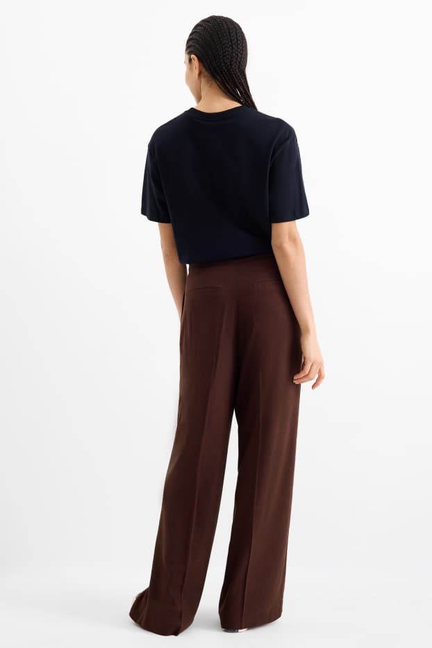 Women - Cloth trousers with linen content - mid-rise waist - loose fit - dark brown