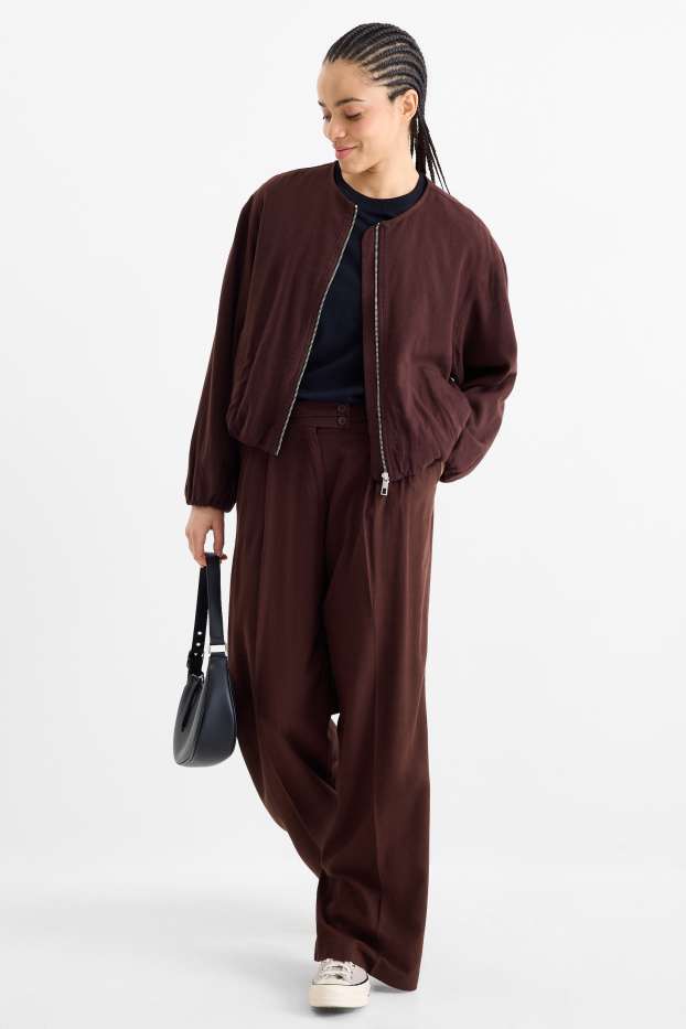 Women - Cloth trousers with linen content - mid-rise waist - loose fit - dark brown