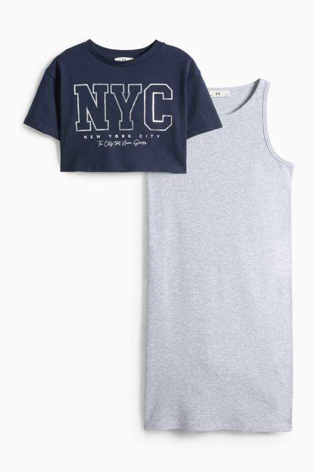 Kinder Mädchen - NYC - Set - Kurzarmshirt und Kleid - 2 teilig - Glanz-Effekt - hellgrau / dunkelblau