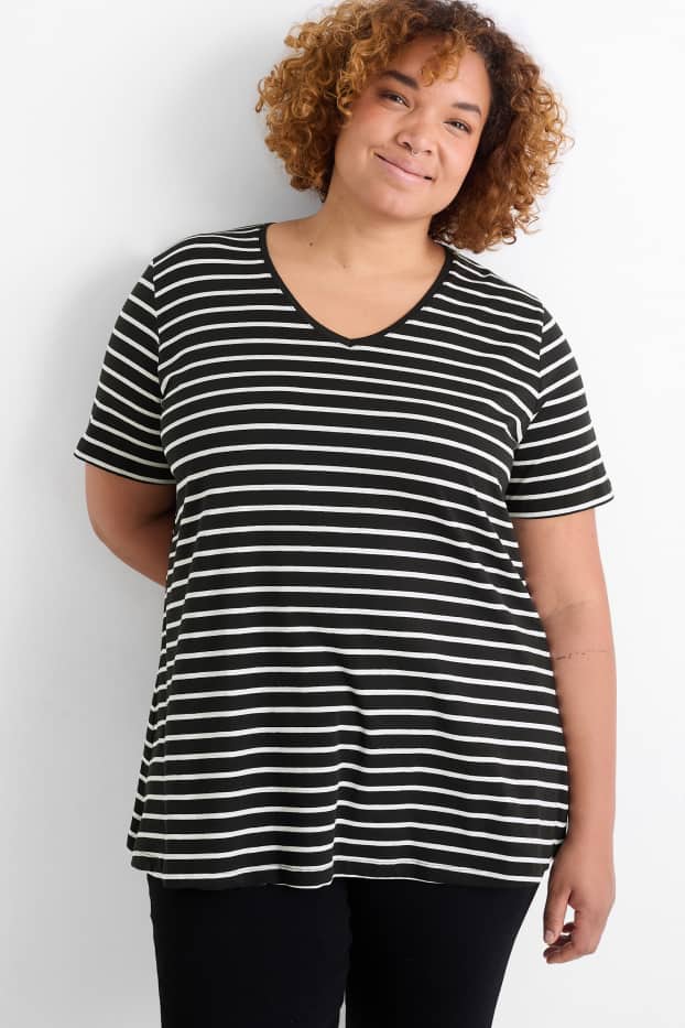 Donna - T-shirt con scollo a V - a righe - nero / bianco