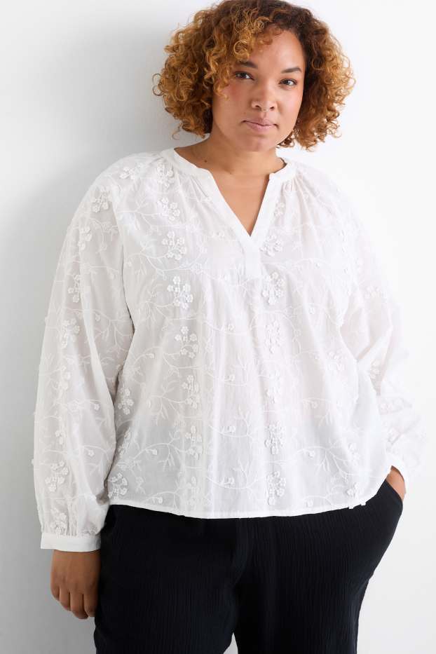 Dames - Blouse met V-hals - gebloemd - met structuur - wit