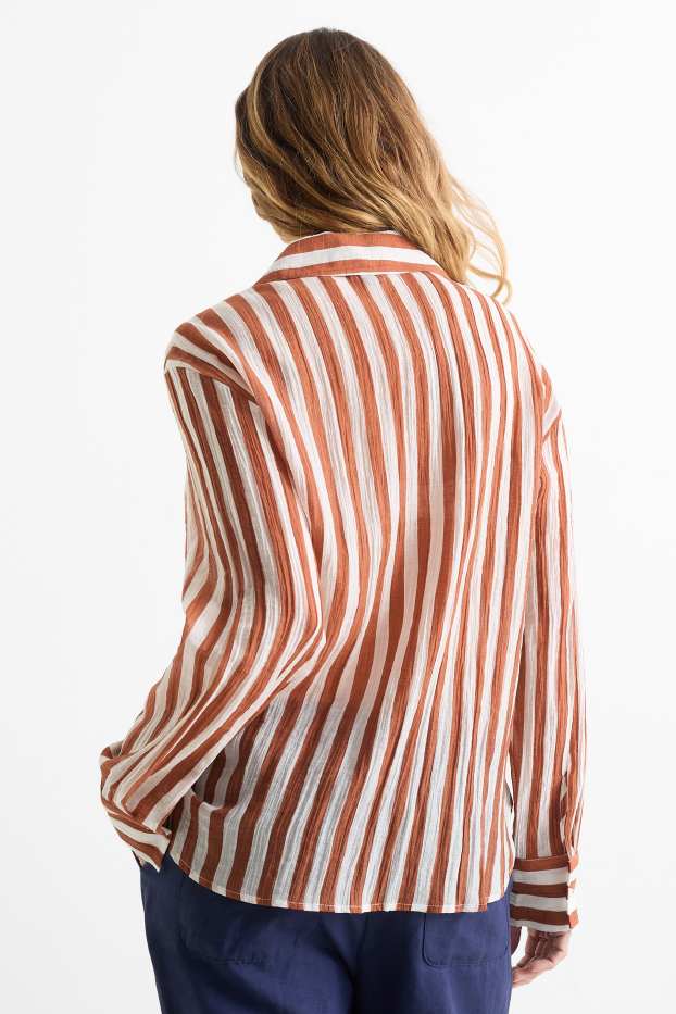 Dámské - Halenka s výstřihem ve tvaru V - pruhovaná - strukturovaná - barevná