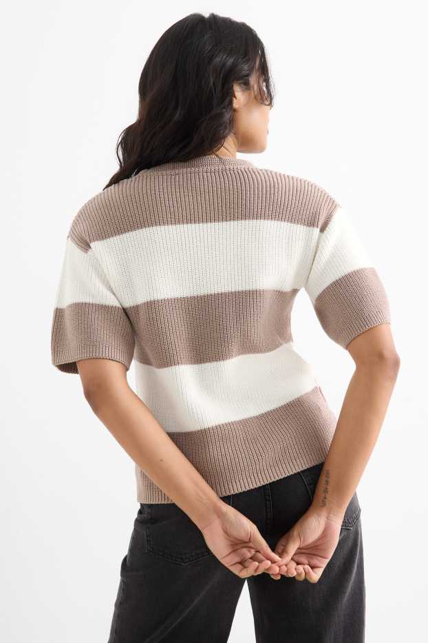 Femmes - Pull en maille - manches courtes - finition côtelée - à rayures - blanc / beige
