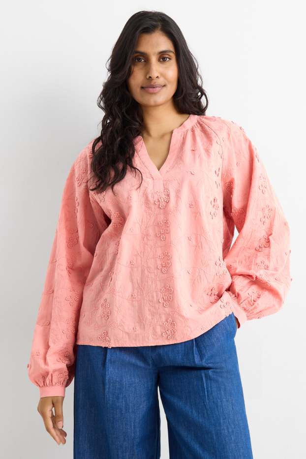 Damen - Bluse mit V-Ausschnitt - geblümt - strukturiert - pink