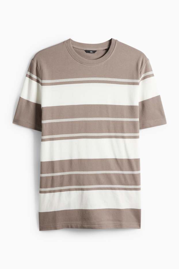 Home - Samarreta de màniga curta - regular fit - de ratlles - texturada - marró / blanc trencat