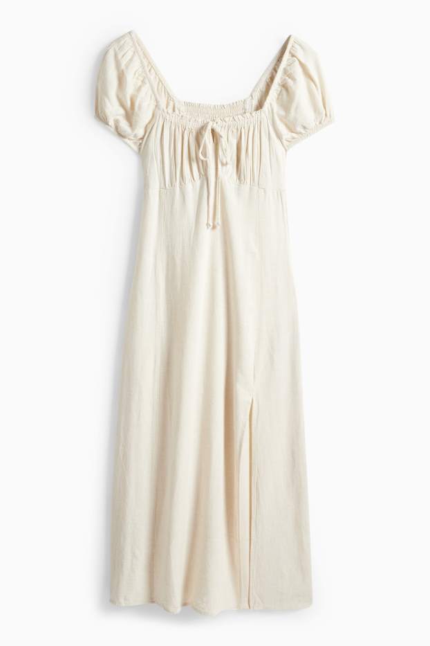 Damen - Kleid mit Schlitz und Leinen-Anteil - gesmokt - hellbeige