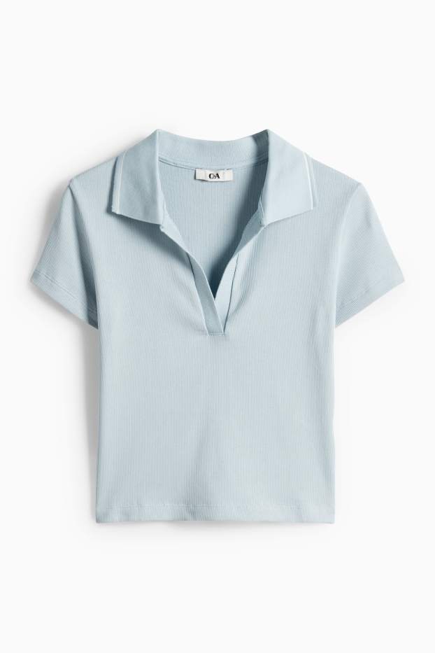 Damen - Crop Poloshirt - Slim Fit - gerippt - hellblau