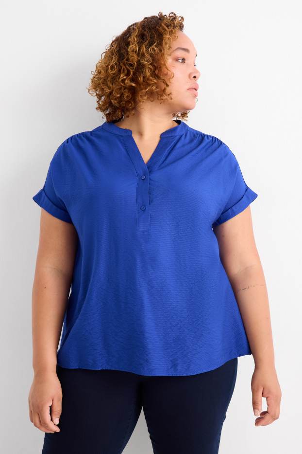 Dámské - Halenka s výstřihem ve tvaru V - strukturovaná - tmavomodrá