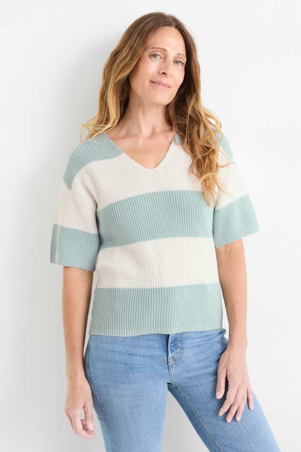 Damen - Strickpullover - kurzarm - gerippt - gestreift - mintgrün