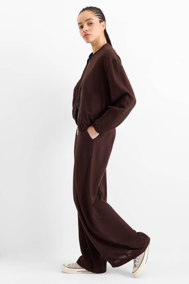 Damen - Stoffhose mit Leinen-Anteil - High Waist - Wide Leg - dunkelbraun