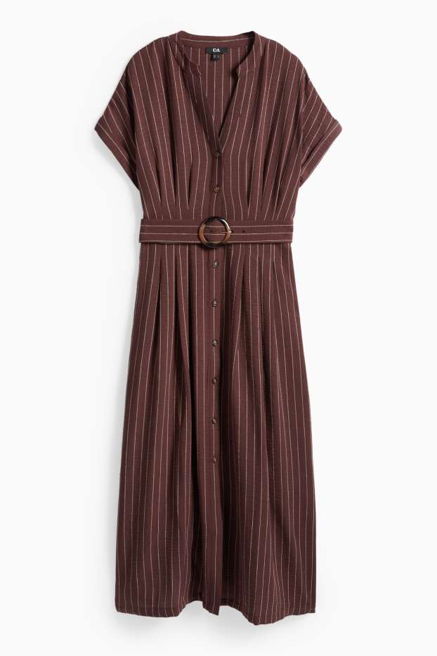 Damen - Blusenkleid mit V-Ausschnitt und Gürtel - Nadelstreifen - braun