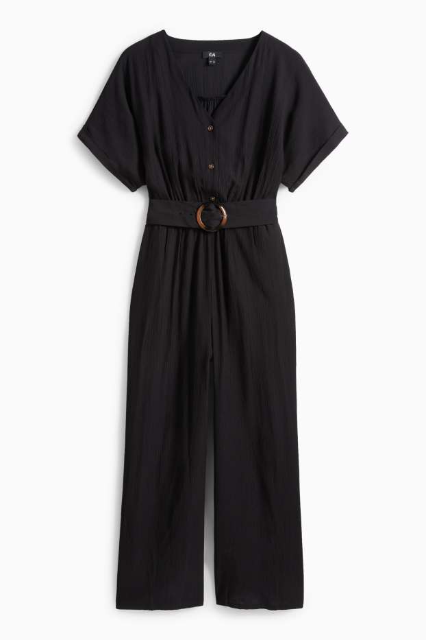 Donna - Tuta con cintura - tessuto tramato - nero