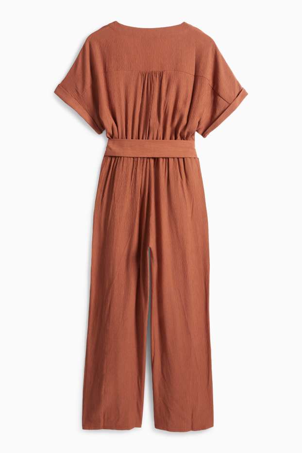 Donna - Tuta con cintura - tessuto tramato - marrone