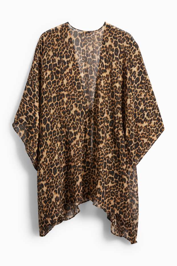 Women - Kimono - leopard print - textured - black / beige