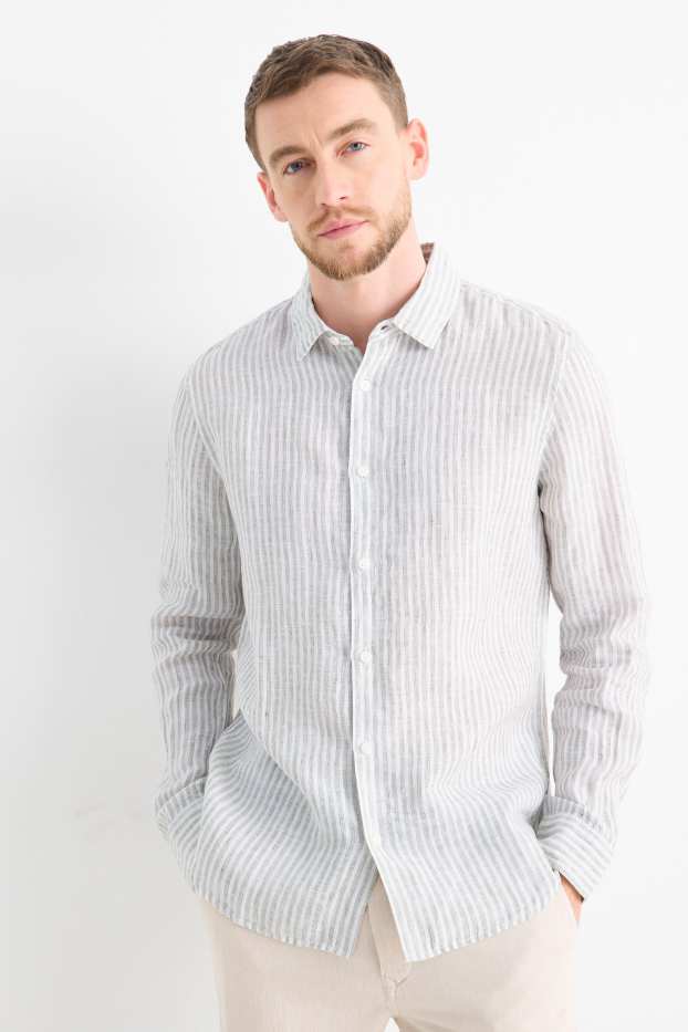 Home - Camisa de lli - regular fit - Kent - de ratlles - blanc trencat