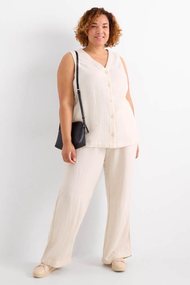 Women - Cloth trousers - mid-rise waist - wide leg - linen blend - light beige