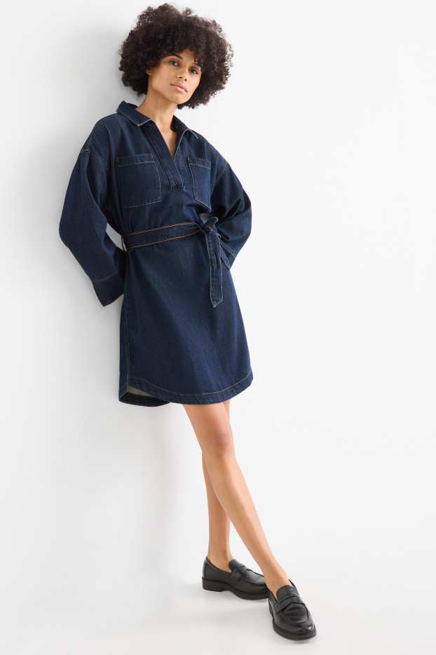 Femmes - Robe-tunique en jean à col V - bleu foncé
