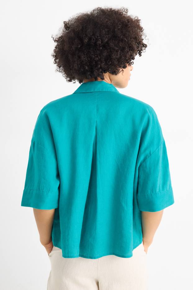Dames - Linnen overhemdblouse - donkerturquoise