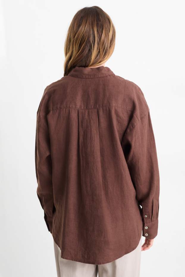 Women - Linen shirt blouse - dark brown