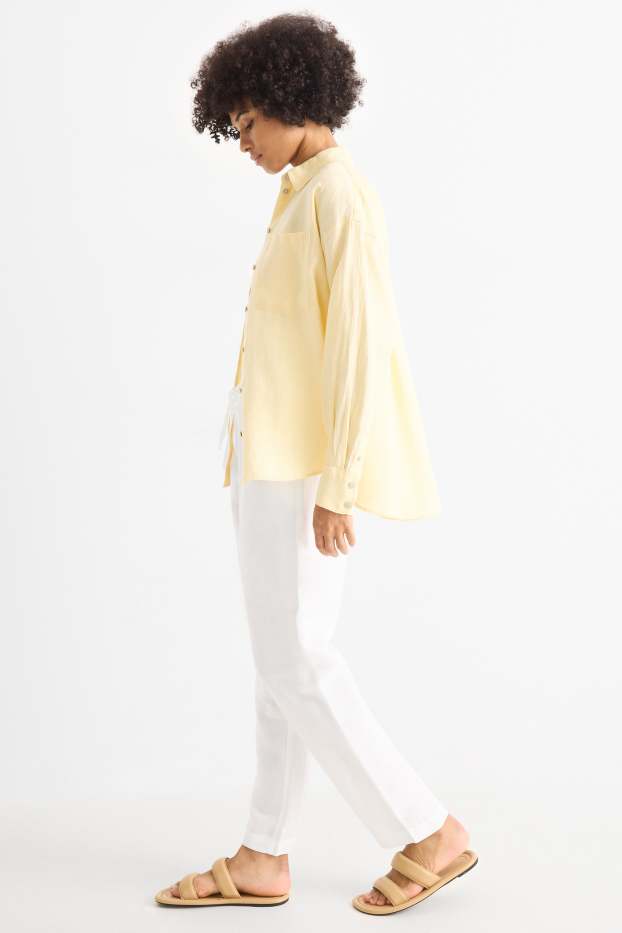 Dámské - Plátěné kalhoty - mid waist - tapered fit - lněná směs - bílá