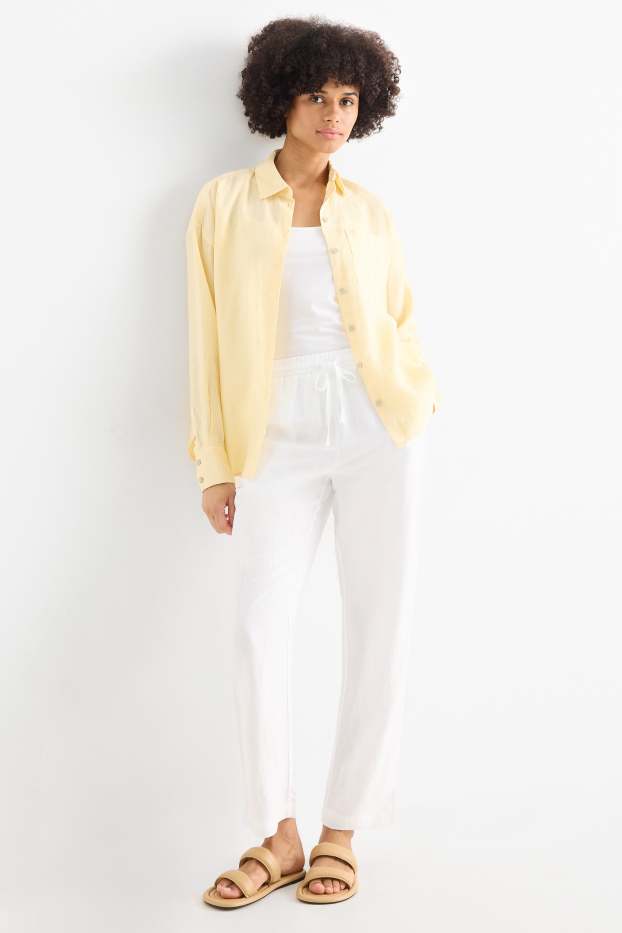 Dámské - Plátěné kalhoty - mid waist - tapered fit - lněná směs - bílá