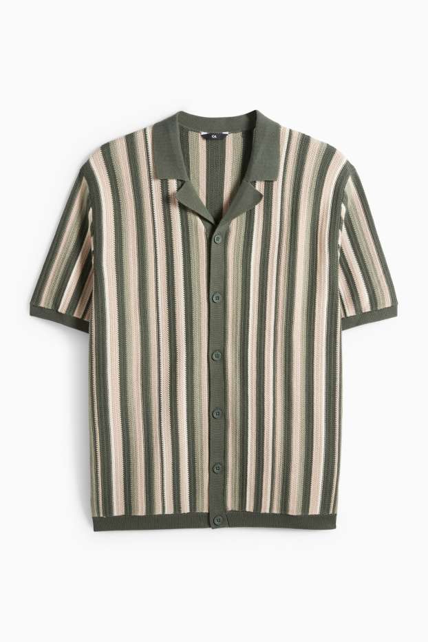 Bărbați - Cămașă tricotată - regular fit - guler cu rever - cu dungi - verde