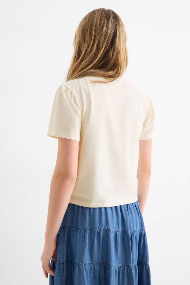 Kinder Mädchen - Kurzarmshirt - Broderie Anglaise - cremeweiss