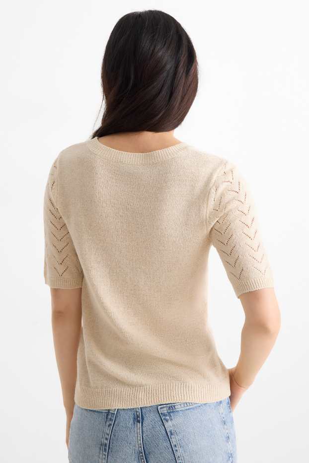 Femei - Pulover tricotat - mânecă scurtă - bej
