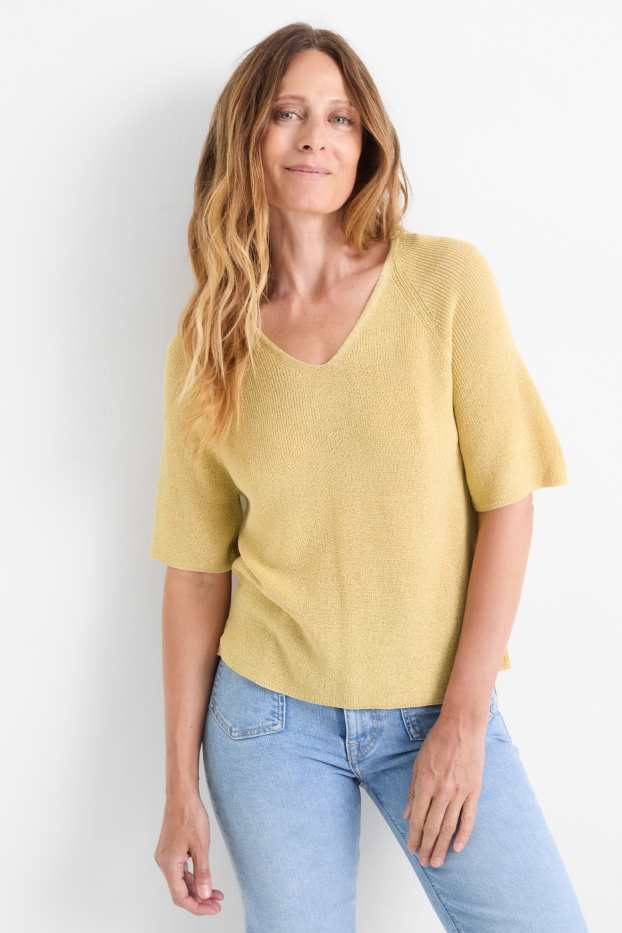 Damen - Strickpullover - kurzarm - Glanz-Effekt - gelb