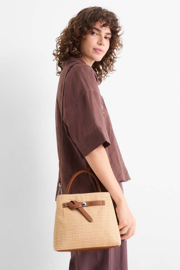 Donna - Borsa a tracolla in rafia con spallaccio staccabile - beige / marrone