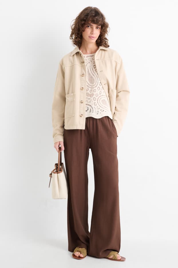 Femmes - Pantalon en toile - mid waist - wide leg - marron foncé
