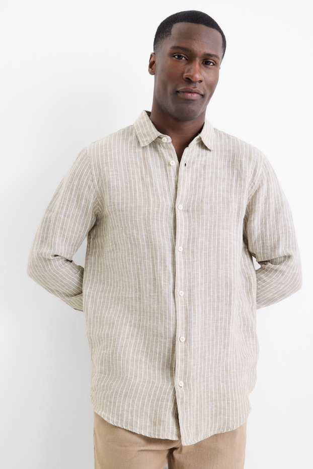 Uomo - Camicia di lino - regular fit - collo all’italiana - a righe - beige