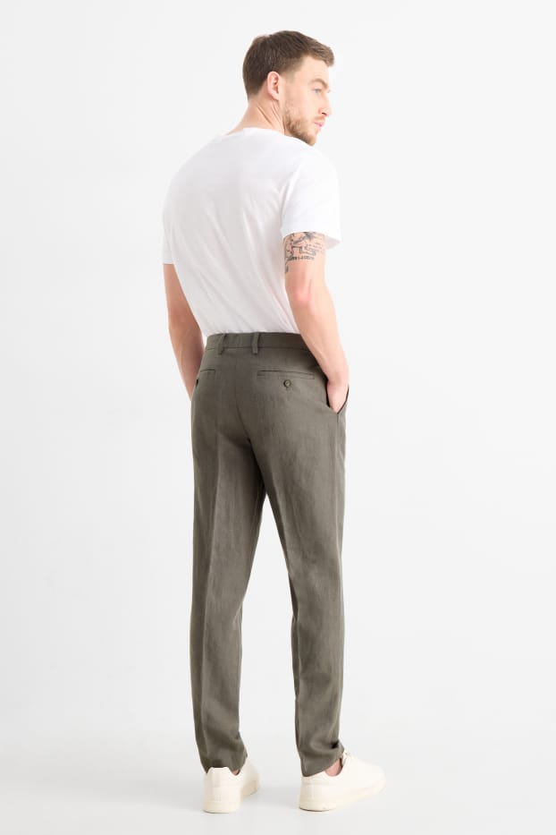 Pánské - Oblekové kalhoty - regular fit - lněná směs - tmavozelená